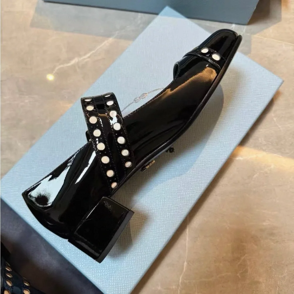 Prada Women's Black Patent Leather Flats with Studded Straps - Picture 5 of 7